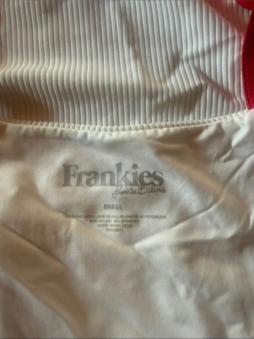 Frankie's Bikinis white One-Piece with Red Straps